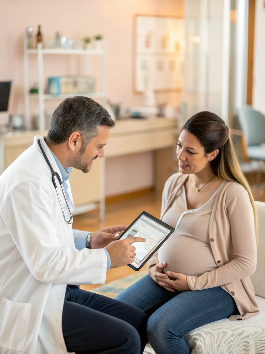A cozy and modern clinic room where a doctor is explaining ultrasound results to expecting parents, showcasing the supportive environment at DIMEFET.