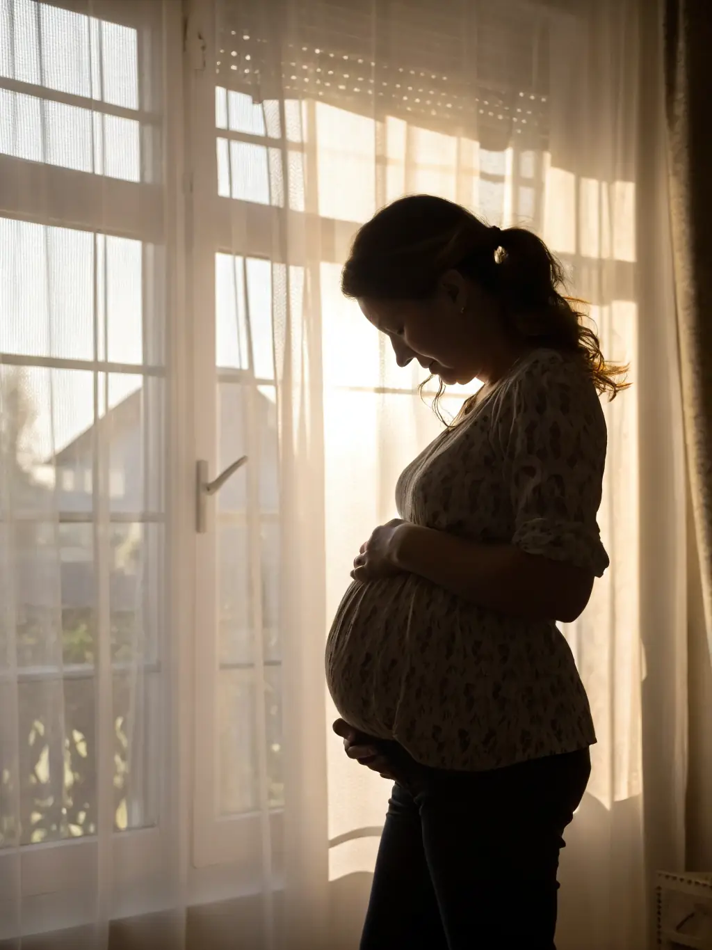 A serene image of a pregnant woman holding her belly, with a soft, warm light, representing the personalized obstetric care at DIMEFET.