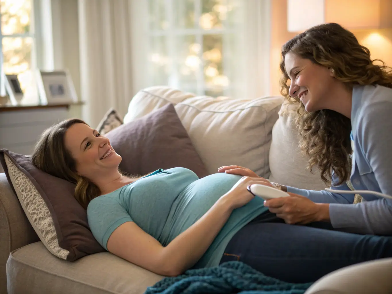 A medical professional confidently performing an ultrasound on a pregnant woman in a clinic setting, showcasing the practical application of skills learned in the DIMEFET diploma program.