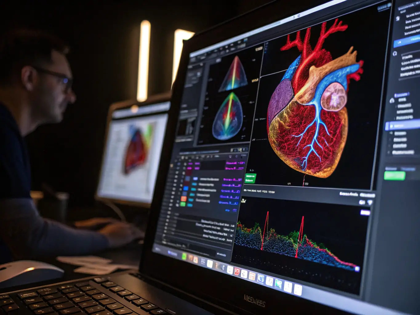 A detailed ultrasound image showing the anatomy of the fetal heart, emphasizing the advanced imaging techniques taught in Module 1 of the diploma program at DIMEFET.