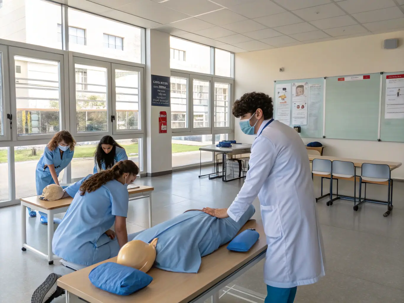 A group of students attentively observing an instructor demonstrating advanced ultrasound techniques in a modern medical training facility, highlighting the superior clinical training aspect of the DIMEFET diploma.